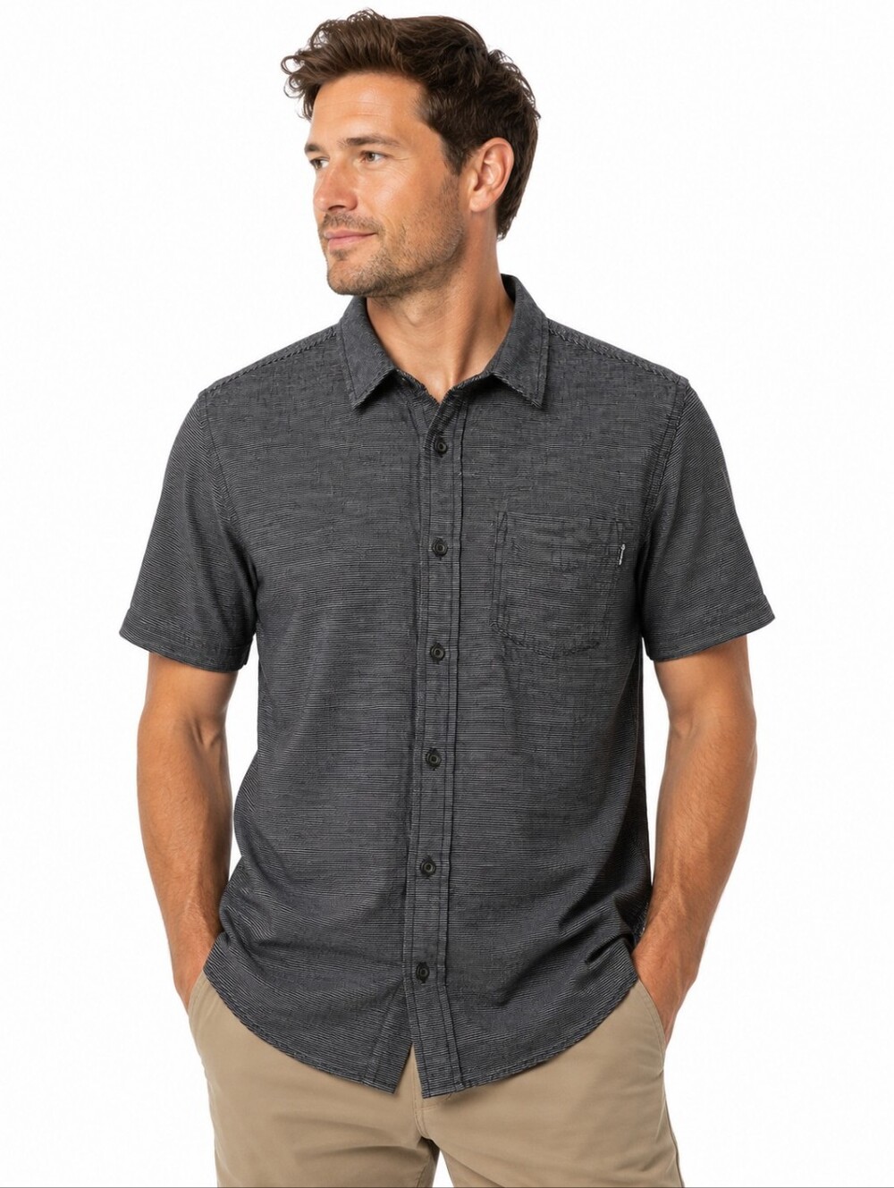 Hang Ten California Classic Black & White Stripe Linen Blend Short Sleeve Button